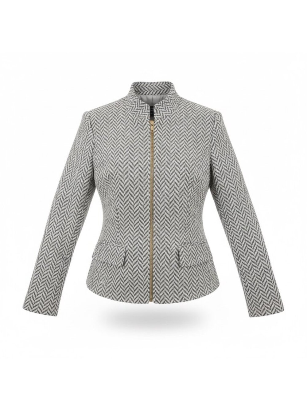 Basler Womens Gray Wool Herringbone Zip-Up Jacket Fitted Tailored Design Sz 14